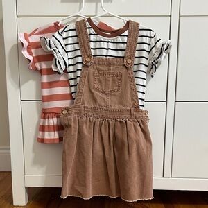 Art Class Striped Tee with Rust Trim overall dress plus ribbed T-shirt